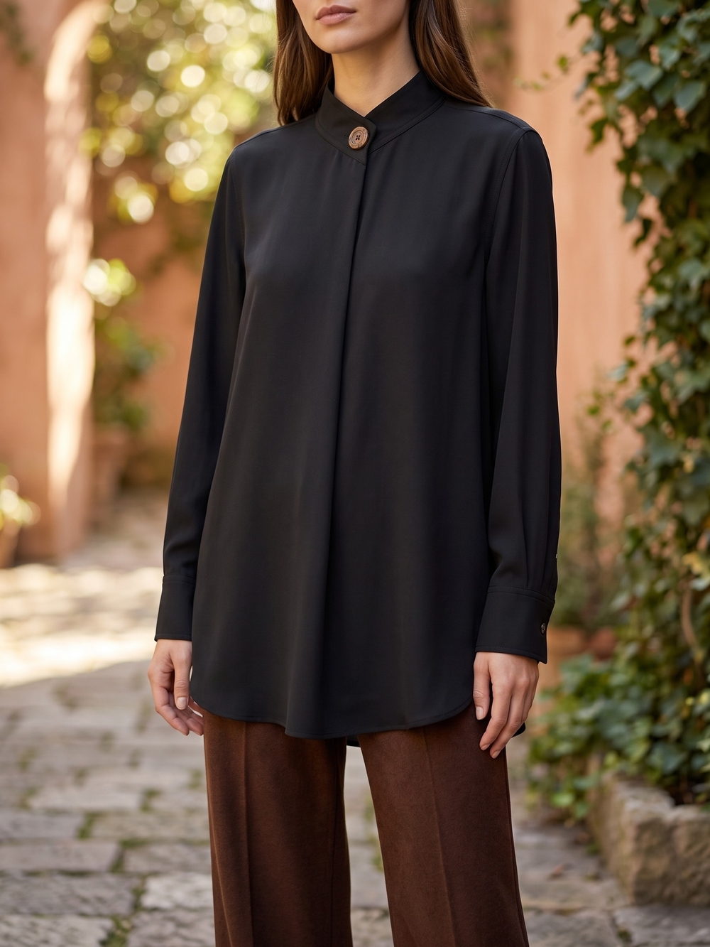 Babaton Aritzia Black Drape Front Tunic Blouse Quiet Luxury Minimalist Workwear